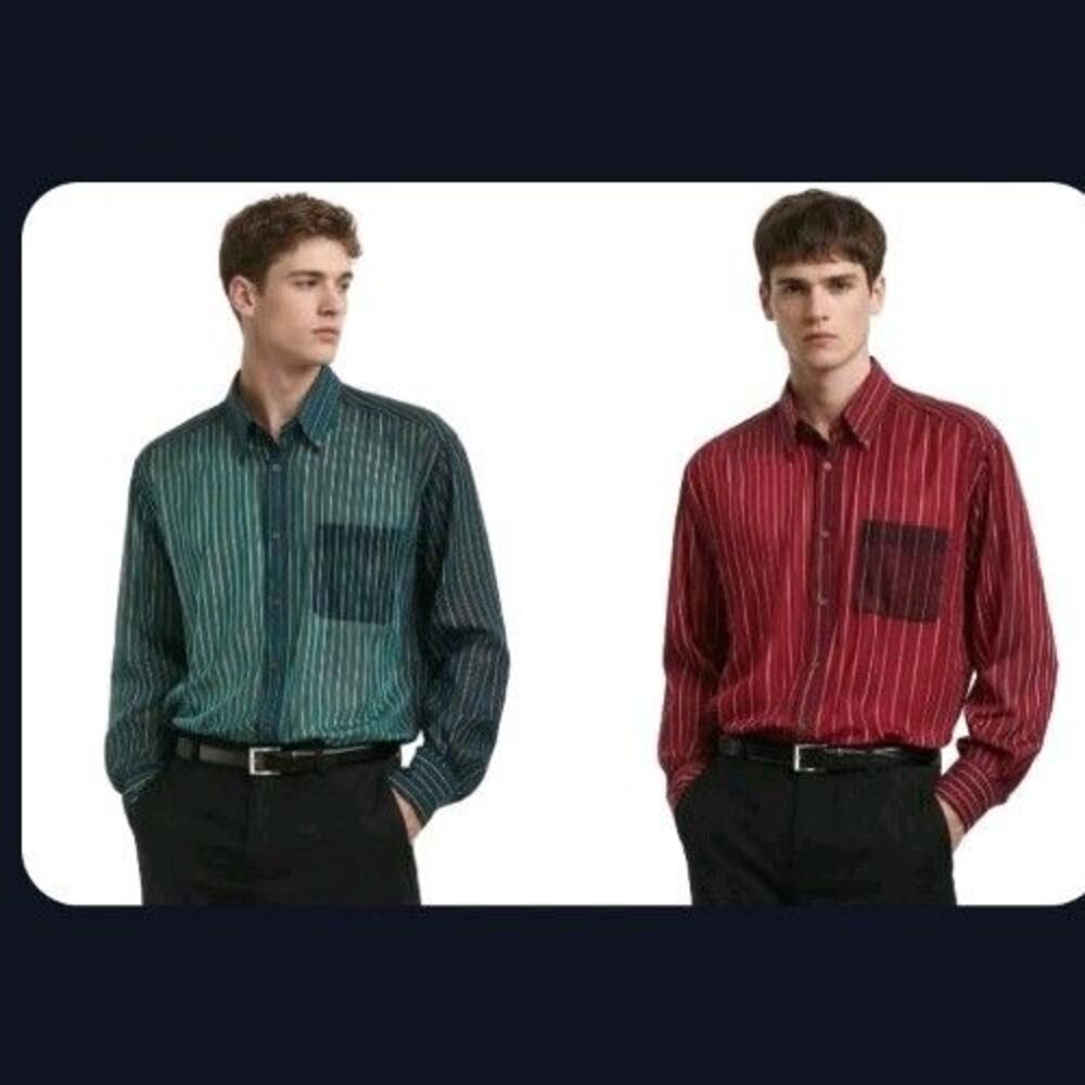 2 Talbots Men's Shirt Striped Green/Red Size L Long Sleeve 100% Cotton Button